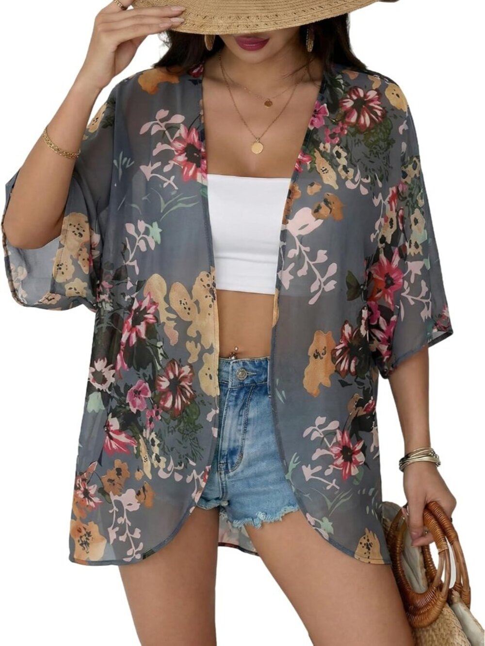 Women's Grey Chiffon Kimono Cardigan Open Front Blouse Swimwear Cover Up